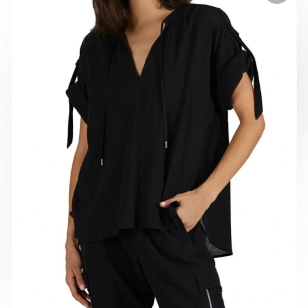 ATM Cotton Gauze Roll Sleeve Top Black Large
